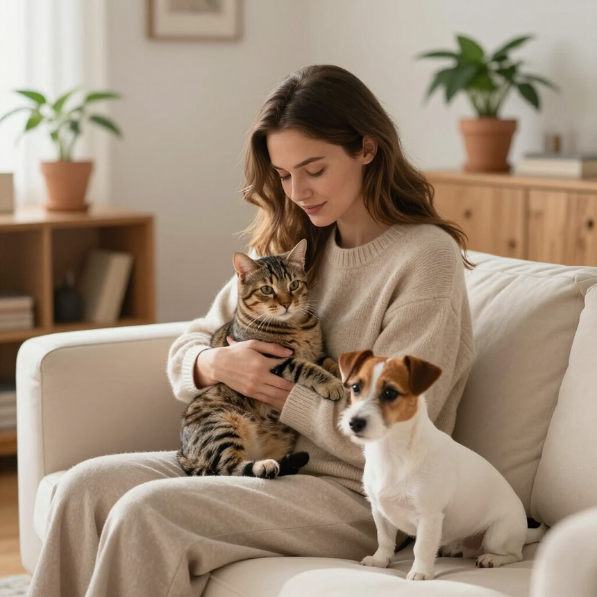 Woman sitting on a couch cuddling a tabby cat, with a small dog beside her in a cozy living room.