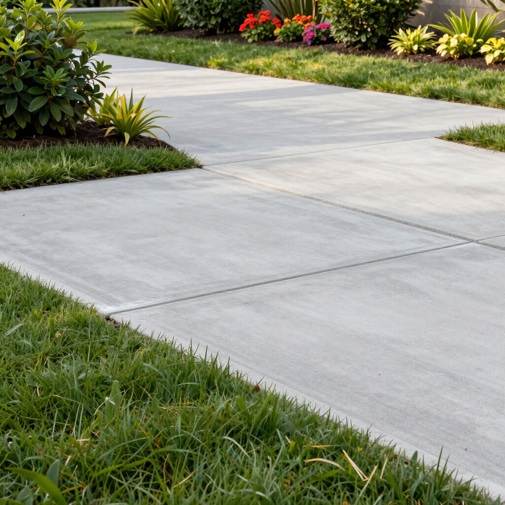 Concrete sidewalk bordered by green grass and colorful landscaping plants