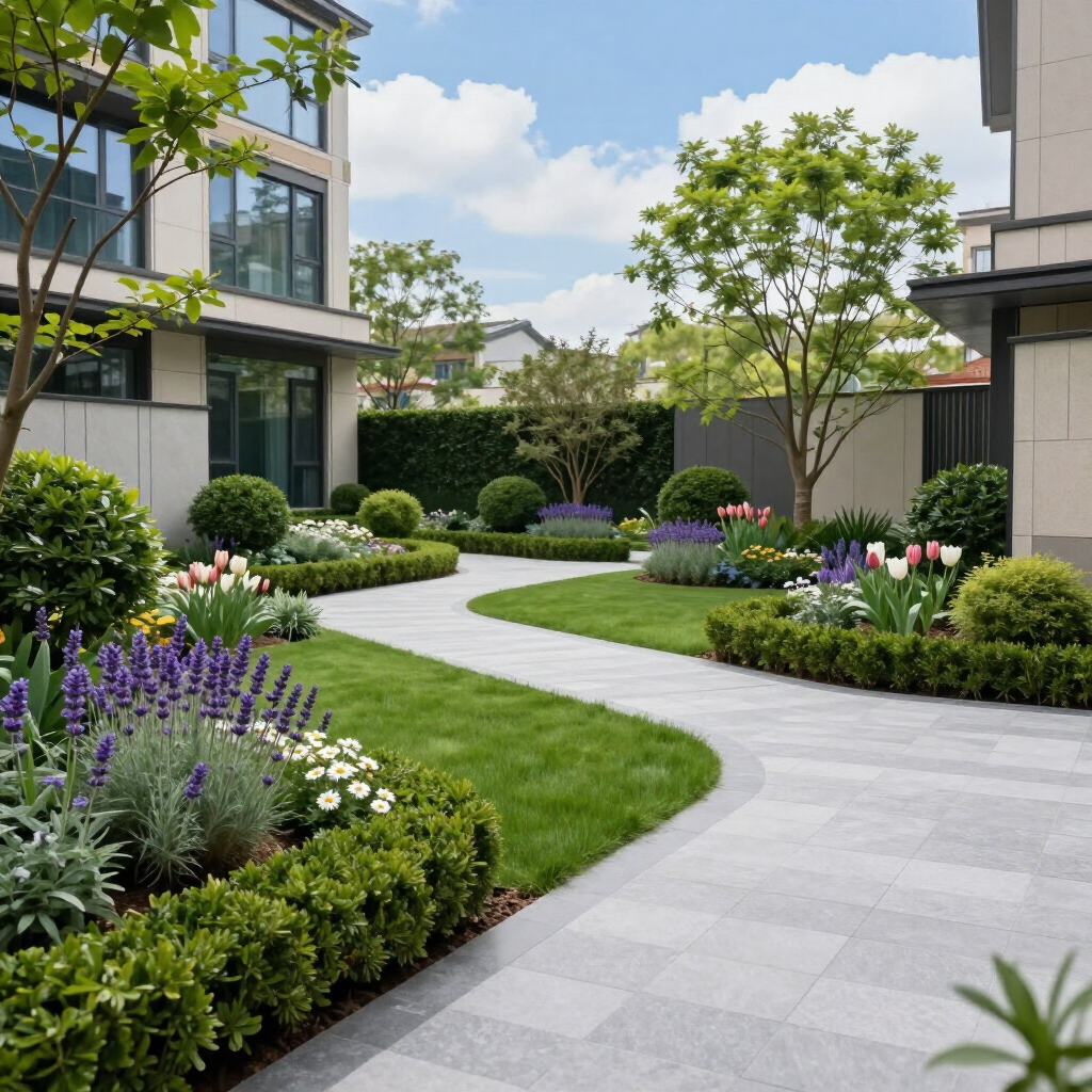Modern apartment courtyard with curved stone path, manicured lawn, shrubs, and purple flowers