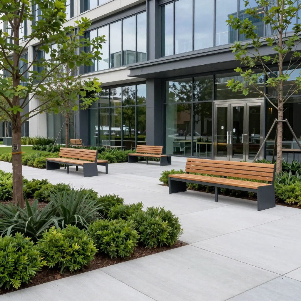 Modern building entrance with glass doors, benches, and landscaped greenery in front