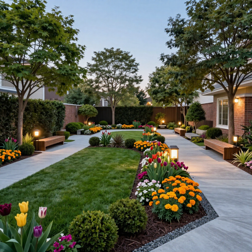Landscaped courtyard with brick homes, winding paths, trees, and colorful flower beds at dusk