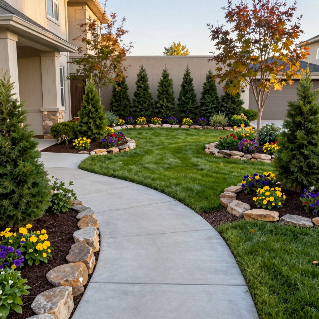Curved concrete walkway through a landscaped front yard with flower beds, shrubs, and trees at dusk