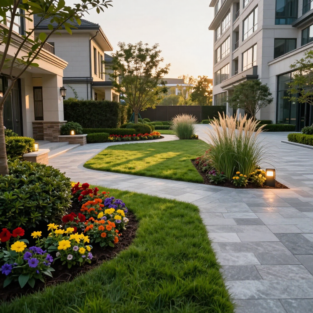 Landscaped apartment courtyard with curving stone paths, green lawns, and colorful flower beds at sunset
