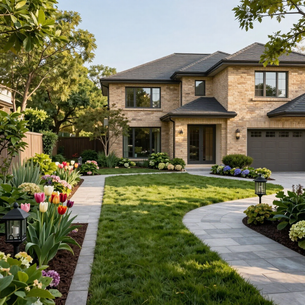 Two-story brick house with landscaped front yard, curved stone walkway, and colorful flowers