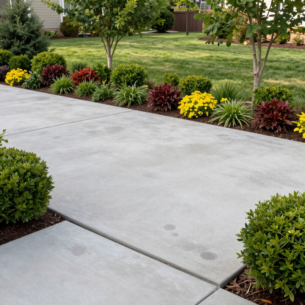 Concrete driveway beside landscaped lawn with colorful flowers and shrubs.