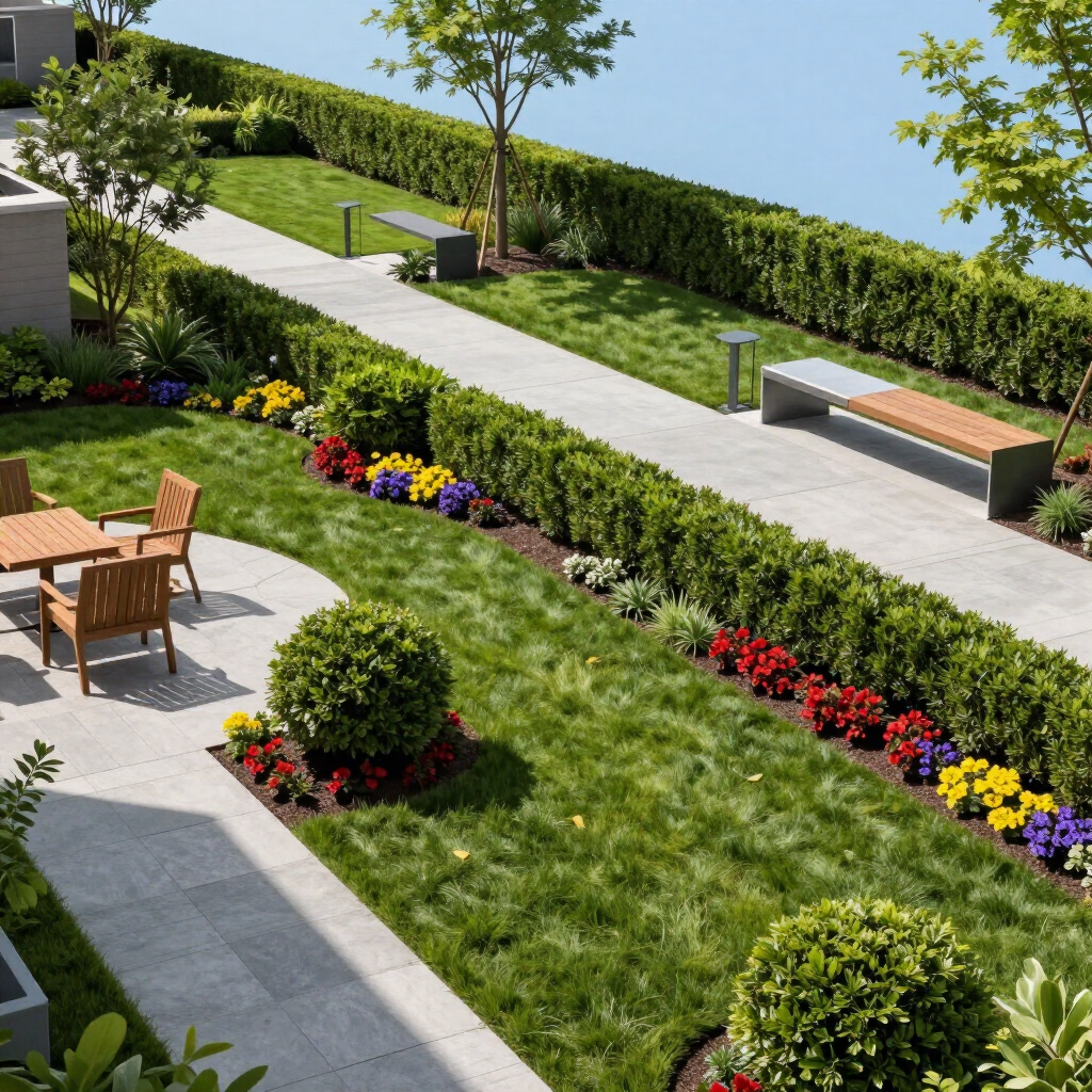 Landscaped garden patio with lawn, flower beds, benches, and trees beside a paved walkway.