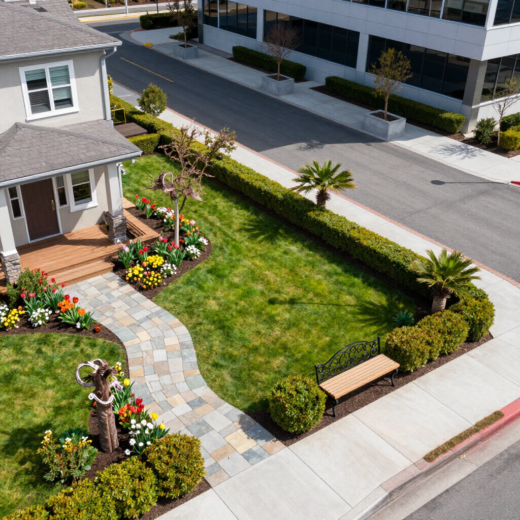 Front yard garden with curved stone path, flowers, a bench, and a house beside a quiet street