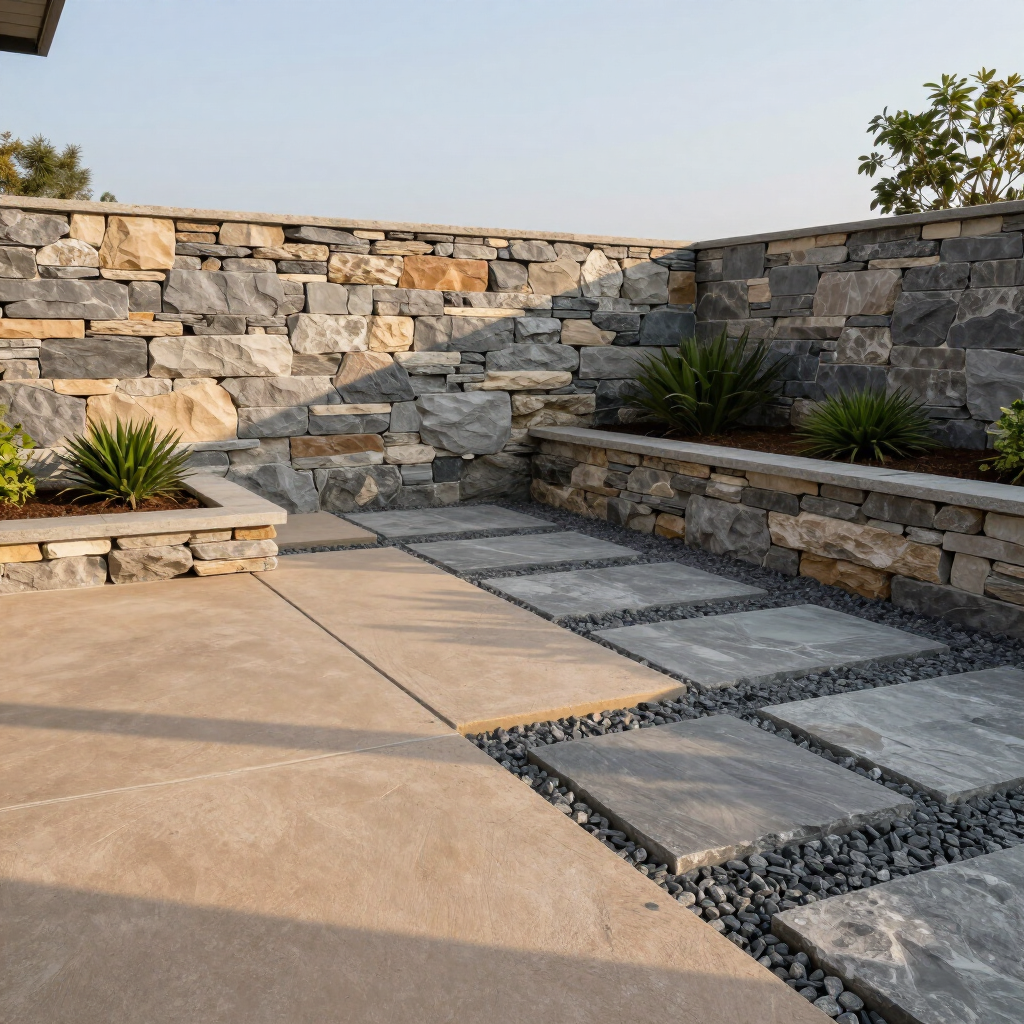 Stone patio with stepped retaining walls, desert plants, and concrete pavers bordered by gravel.