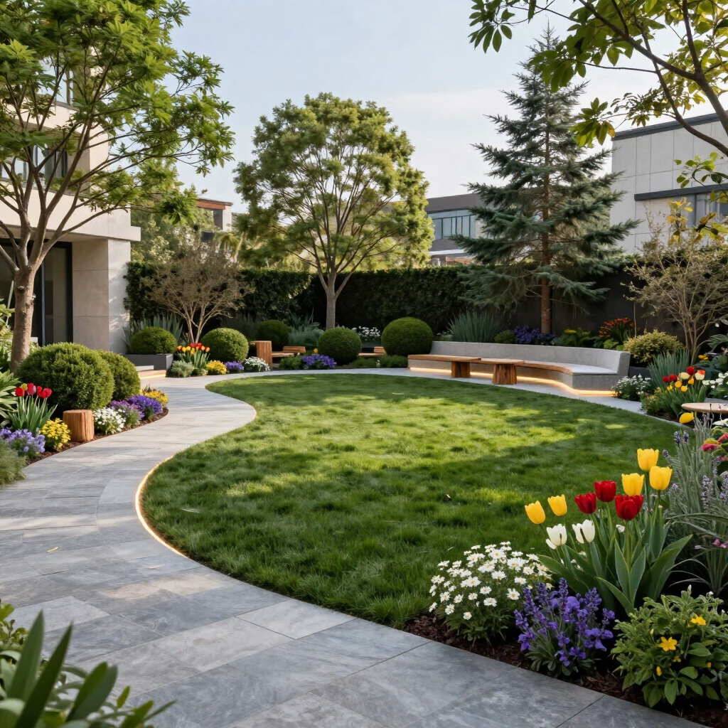 Curved garden courtyard with green lawn, colorful flowers, trees, and a wooden bench beside modern buildings