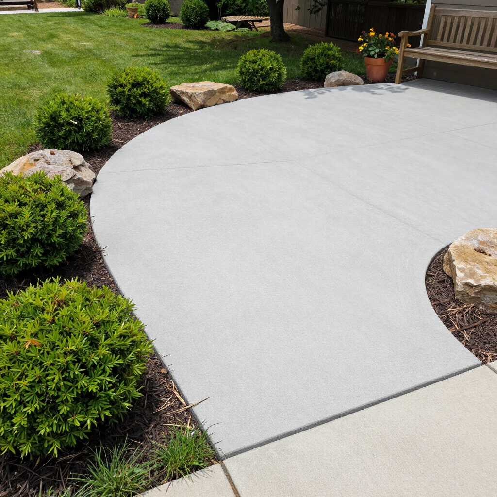 Curved light-gray concrete patio bordered by shrubs, rocks, and green lawn in a landscaped yard
