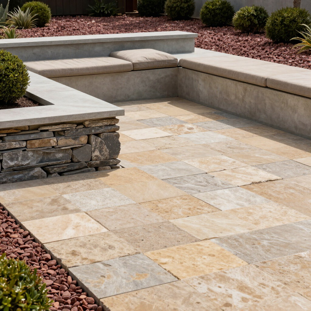 Stone patio with built-in concrete seating and low retaining wall in a landscaped backyard