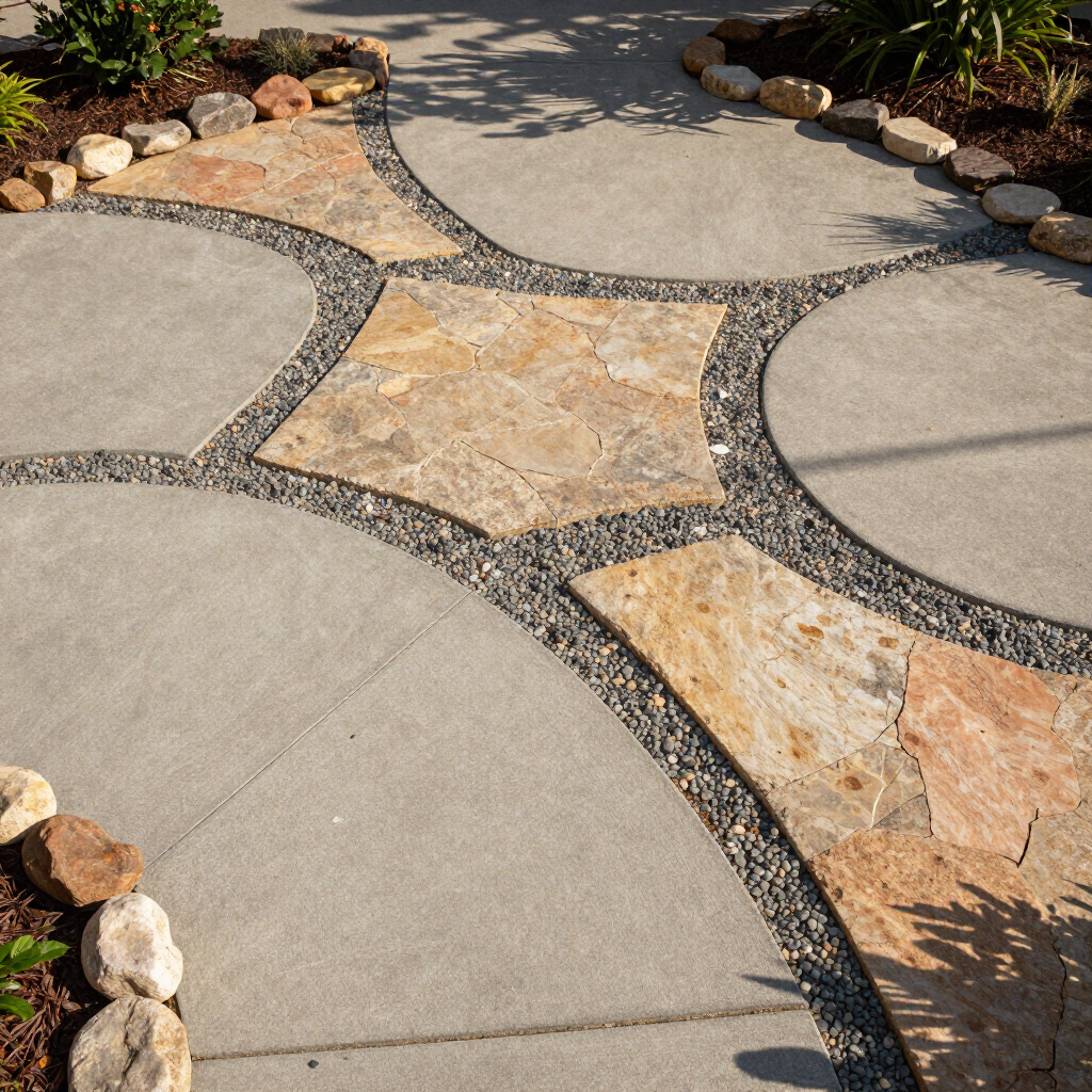 Curved concrete and stone garden walkway with pebble borders and plants