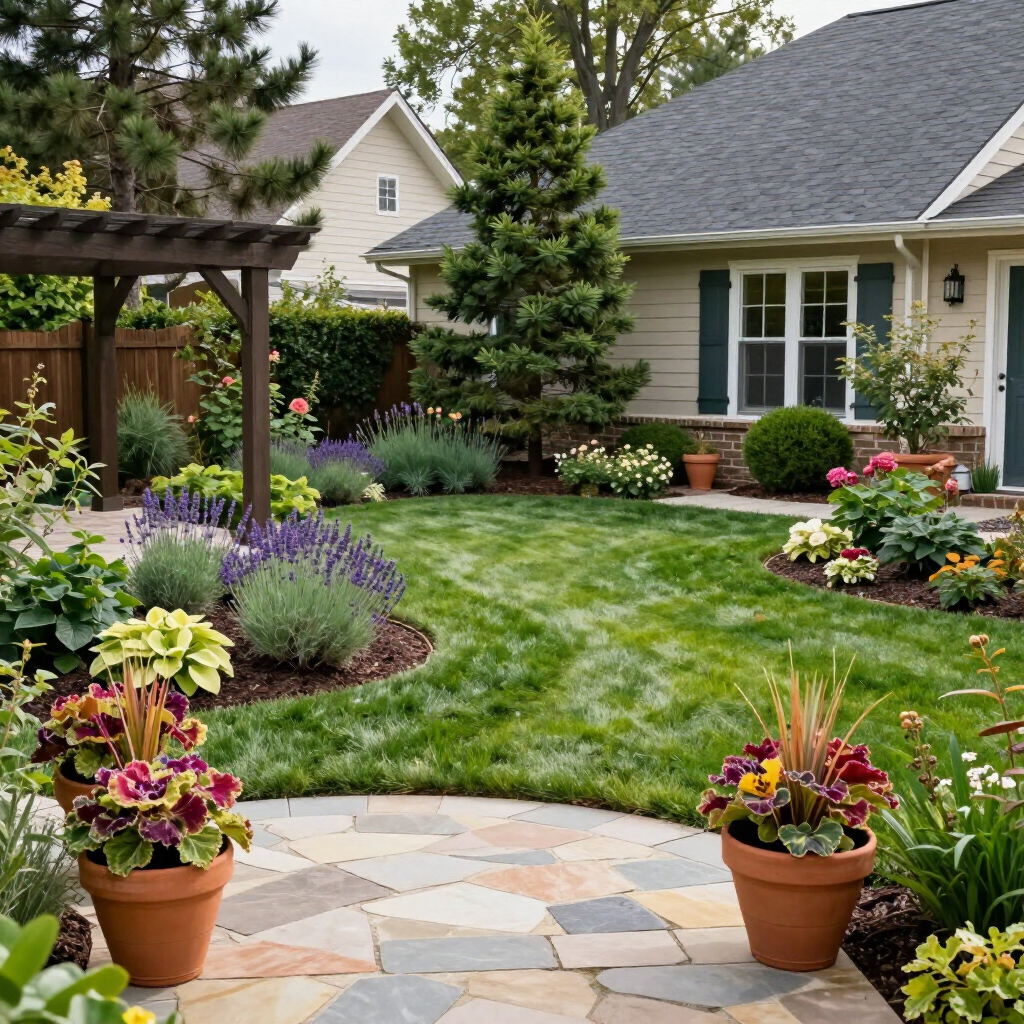 Landscaped backyard with green lawn, flower beds, patio pavers, and potted plants beside a house