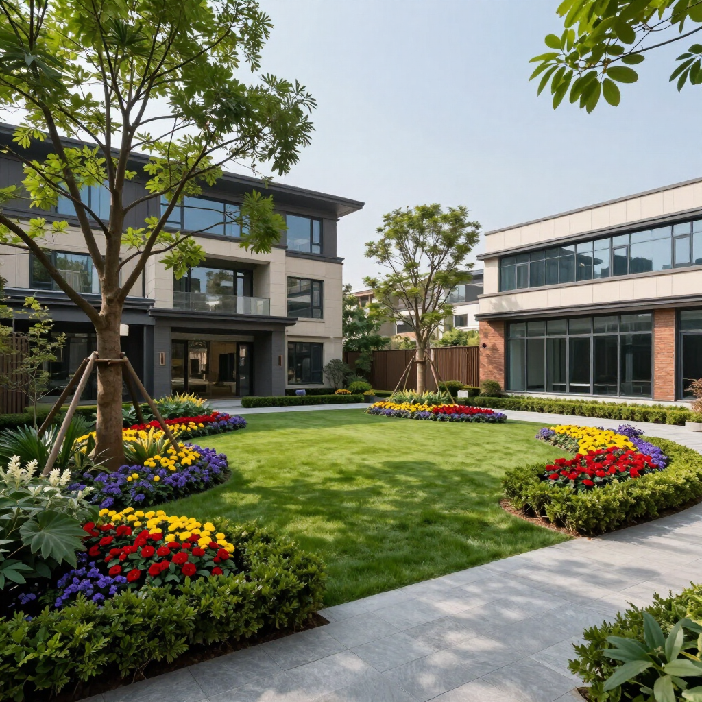 Modern courtyard between buildings with green lawn, colorful flowerbeds, and trees in bright daylight