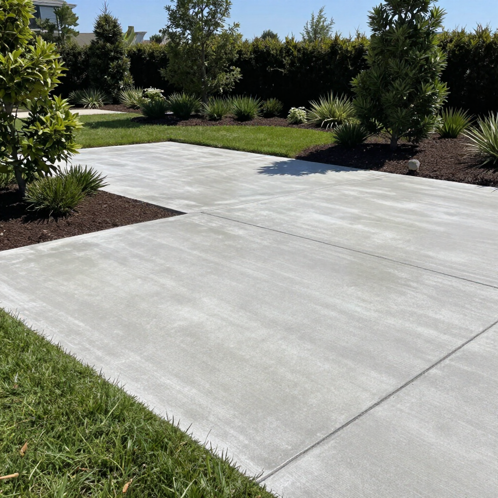 Freshly poured concrete driveway beside landscaped grass, shrubs, and trees in bright sunlight