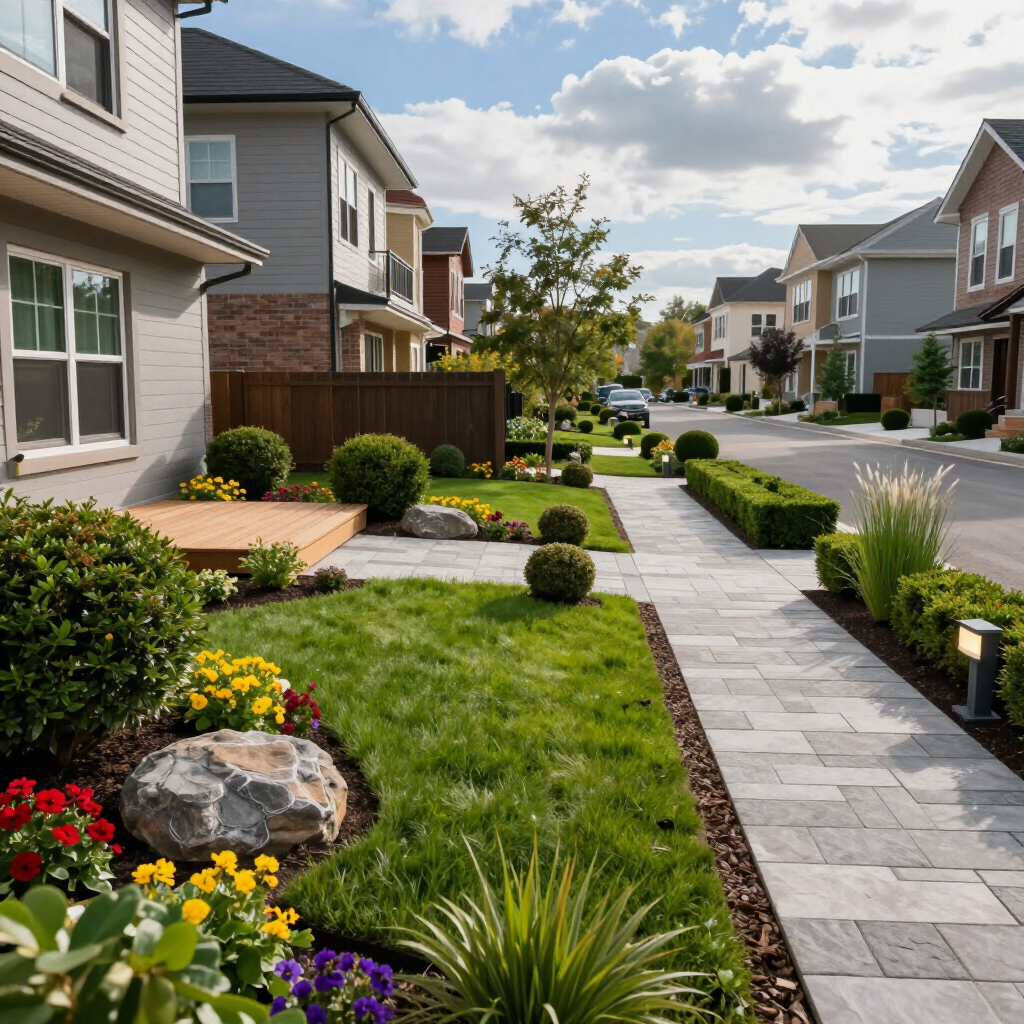 Landscaped suburban townhouse walkway with green lawns, flowers, and pavers under a partly cloudy sky