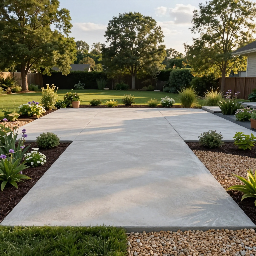 Concrete backyard patio with garden beds, trimmed lawn, and trees in warm evening light