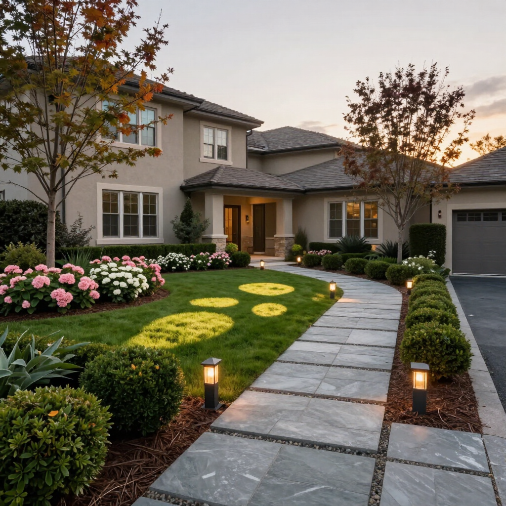 Luxury two-story home with lit stone walkway, manicured lawn, and flowering garden at sunset