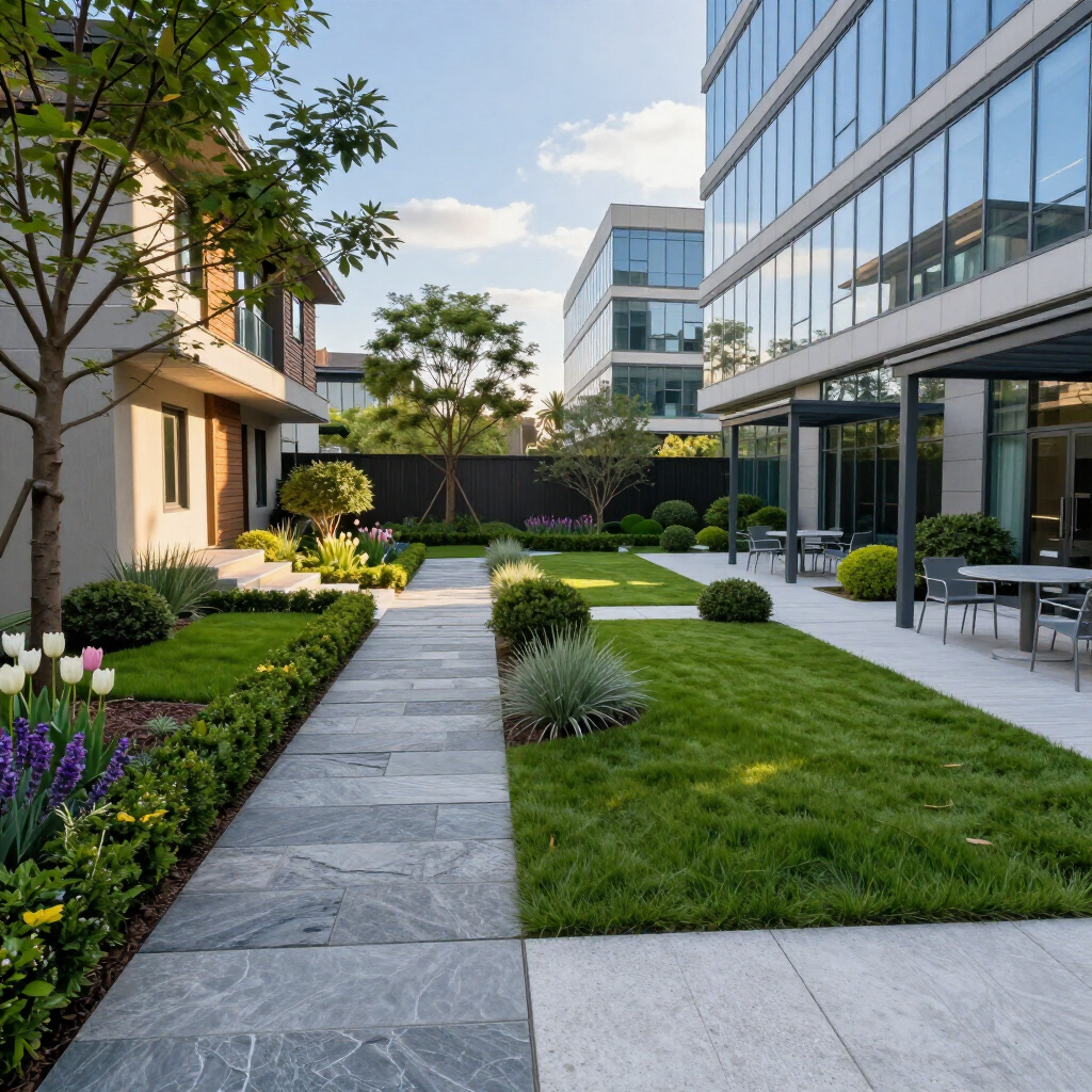 Modern office courtyard with stone path, green lawn, landscaped beds, and glass buildings