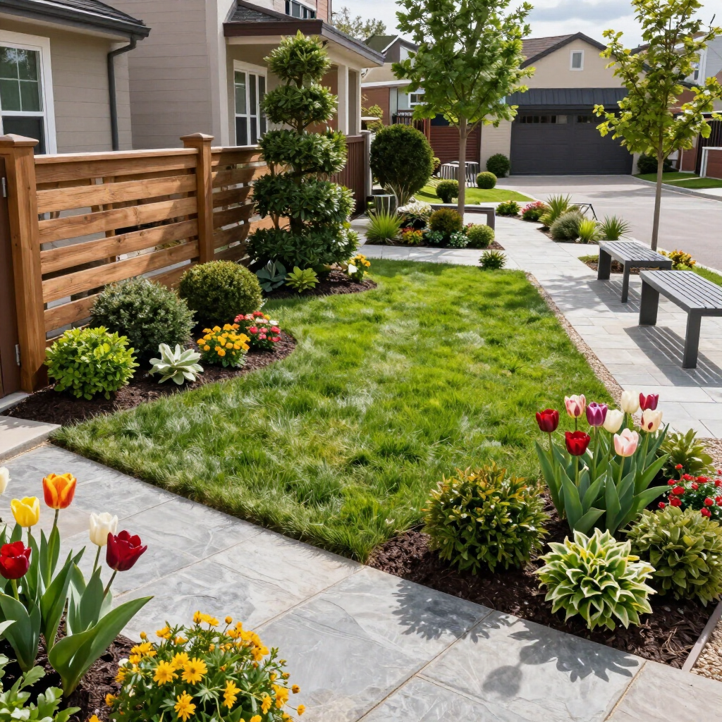 Landscaped front yard with colorful flowers, trimmed shrubs, a wooden fence, and a paved walkway beside a bench.