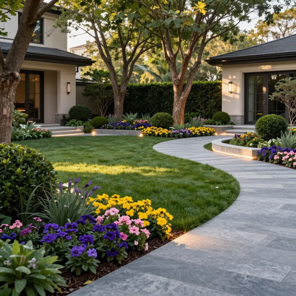 Landscaped courtyard with curving stone path, green lawn, and colorful flower beds between modern homes