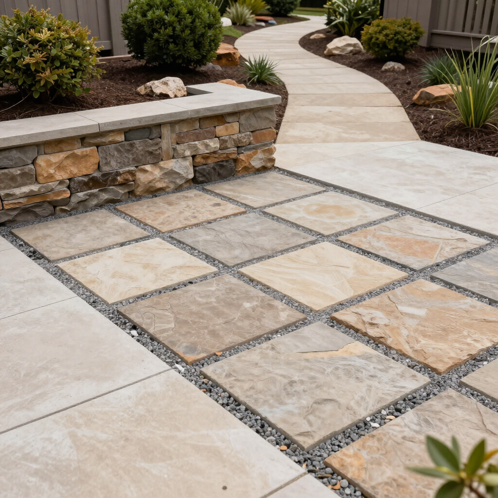 Stone patio with square pavers and a curved walkway in a landscaped yard
