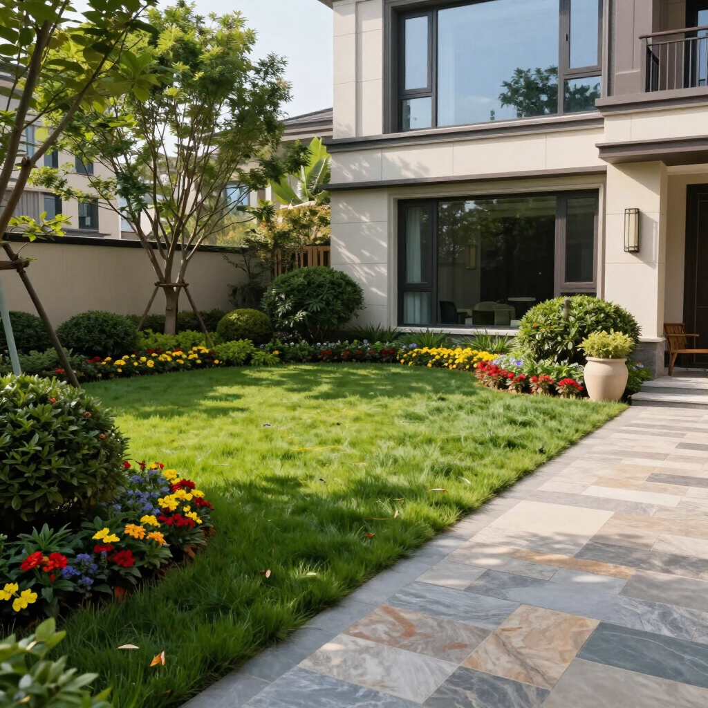 Landscaped modern house courtyard with green lawn, flower beds, and stone walkway under sunlight