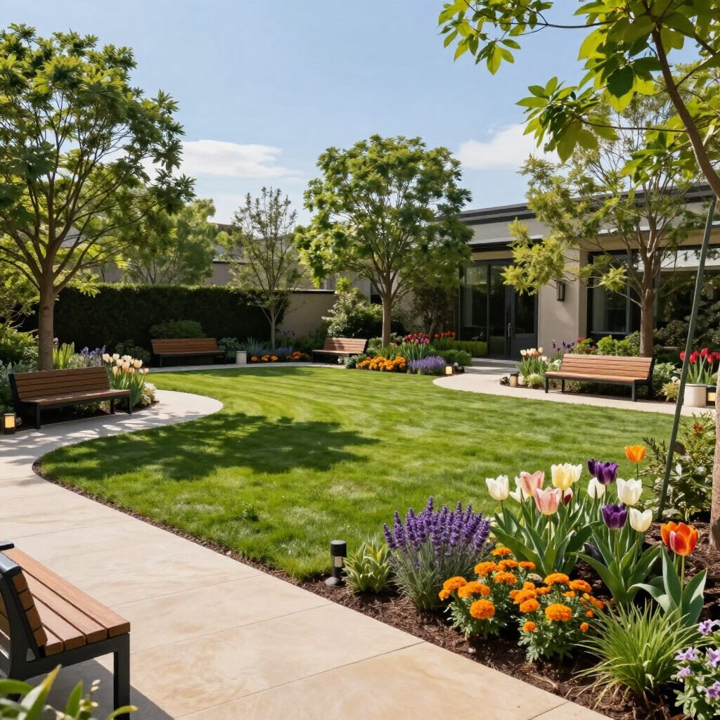 Sunny garden courtyard with benches, green lawn, and colorful flower beds around a building