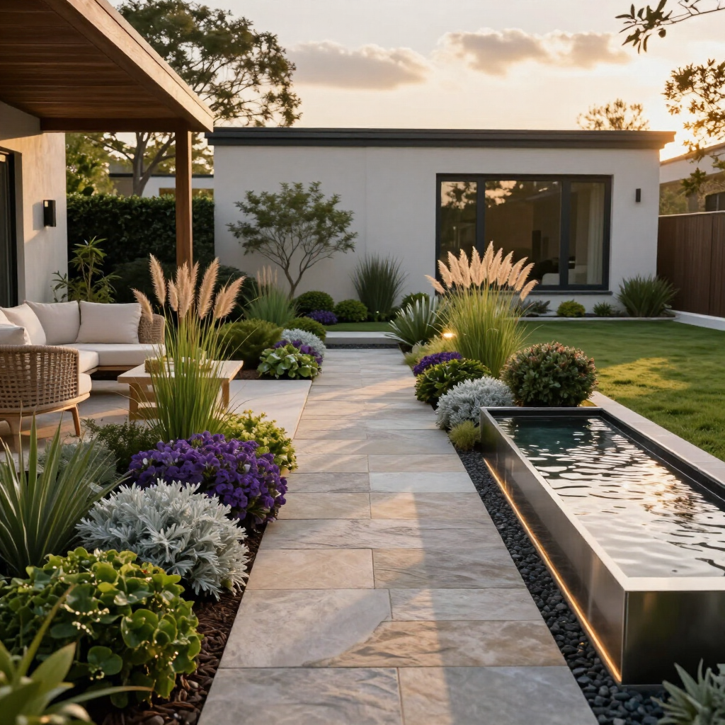 Modern landscaped patio with stone path, fountain, lush plants, and a cozy seating area beside a contemporary home
