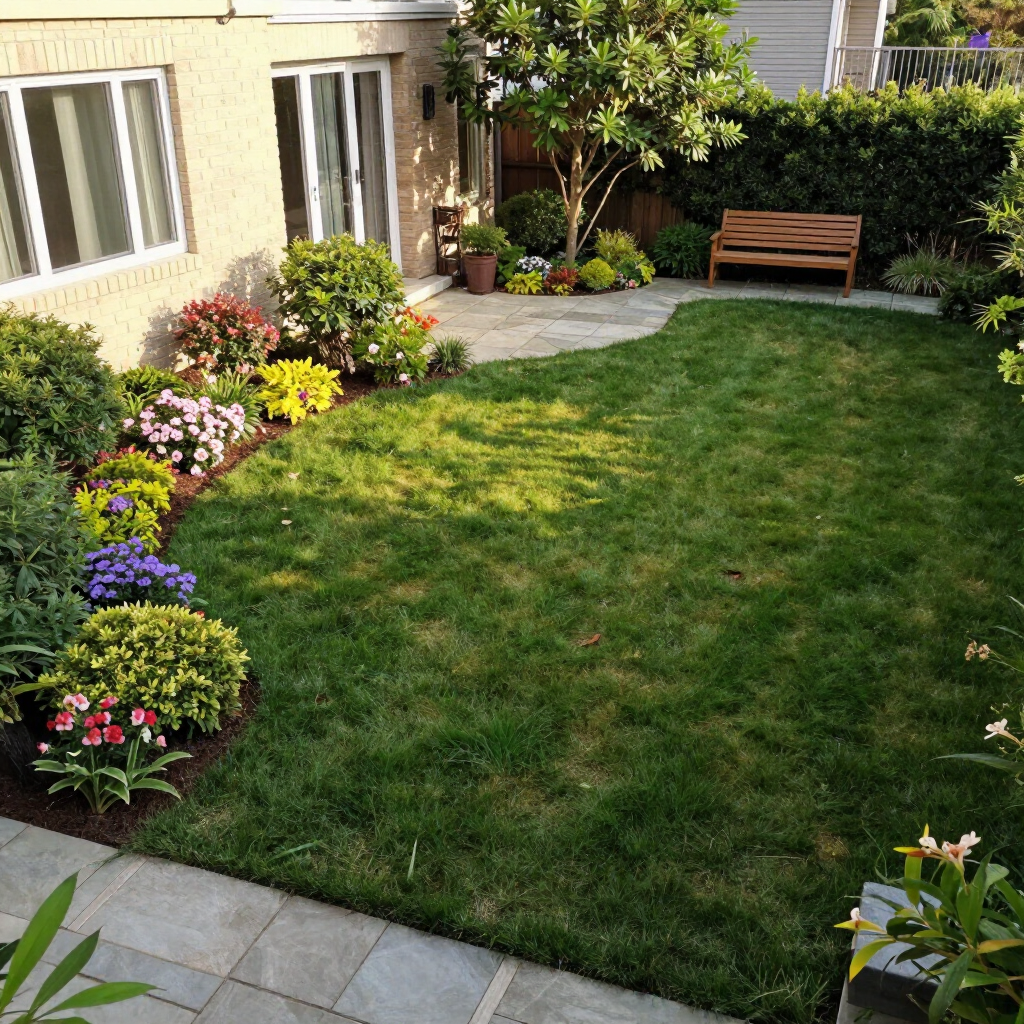Backyard garden with a green lawn, flower beds along the patio, and a bench by the hedge.