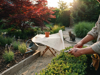 Person pruning a green hedge in a sunny garden beside a wheelbarrow and table