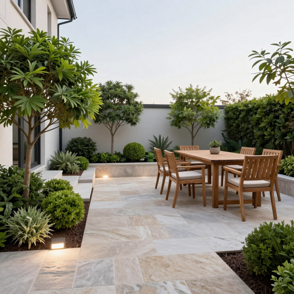 Modern patio with wooden dining table, potted trees, and landscaped greenery beside a house