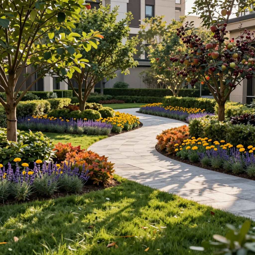 Curved garden path through colorful flower beds and trees beside an apartment building
