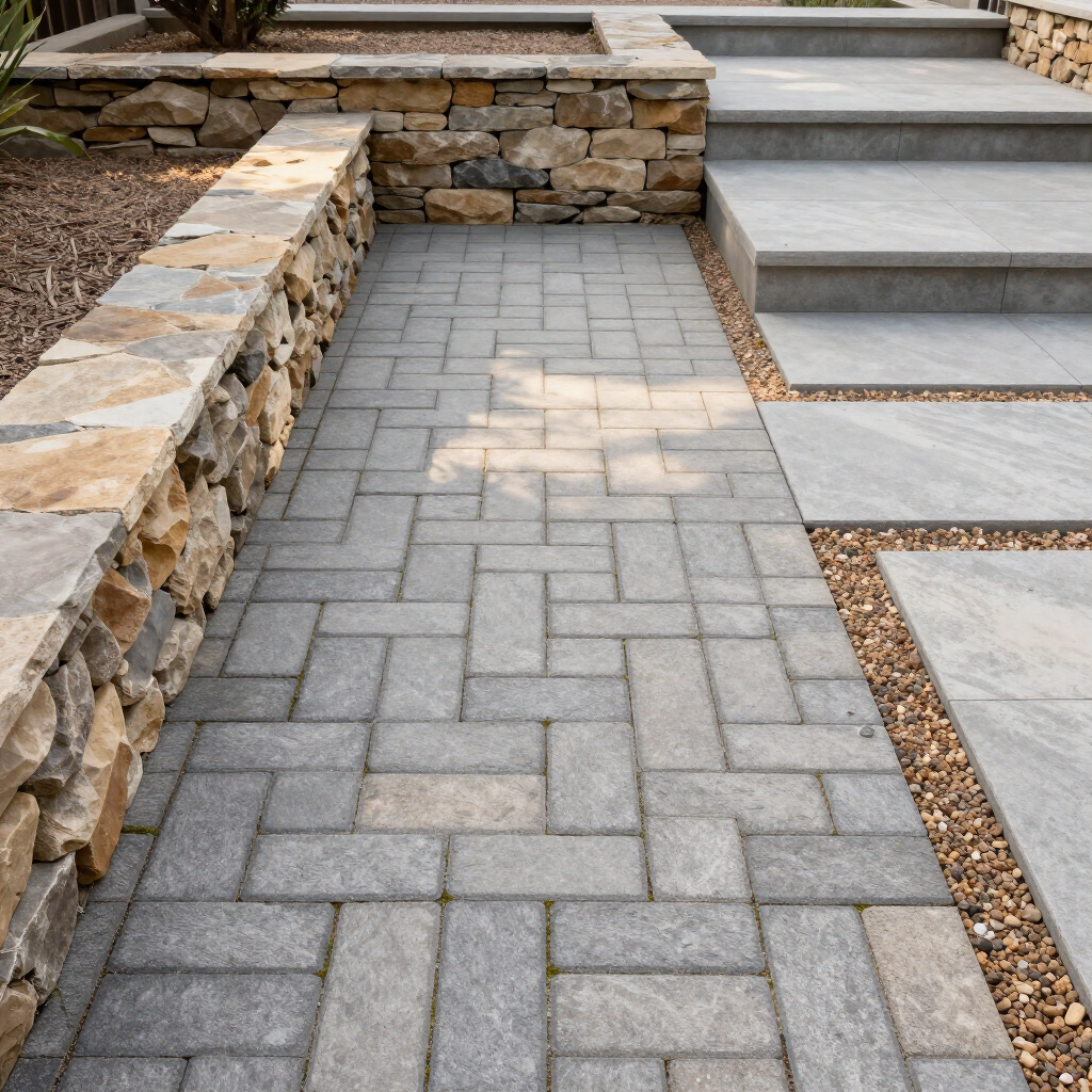 Stone paver walkway beside a low rock wall and concrete steps in a landscaped outdoor area