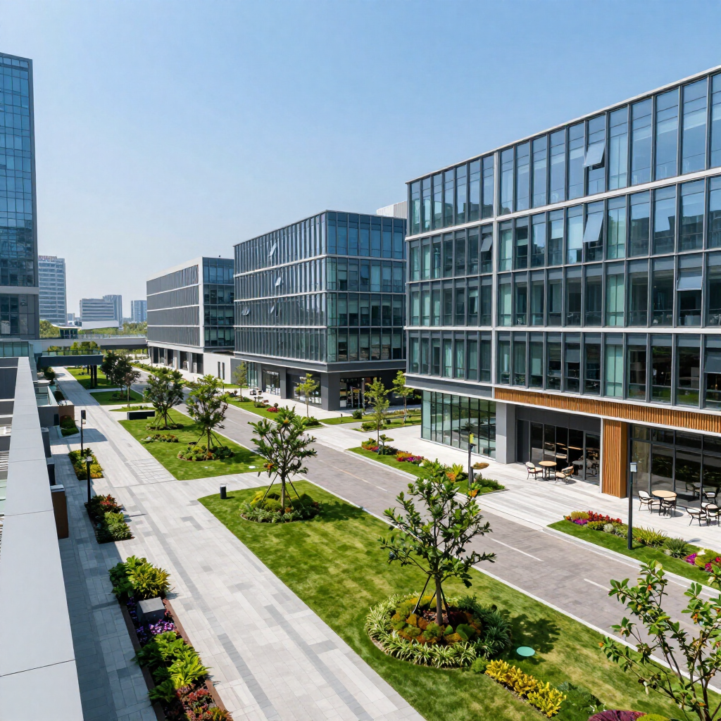 Modern glass office buildings with landscaped walkway and greenery under a clear blue sky