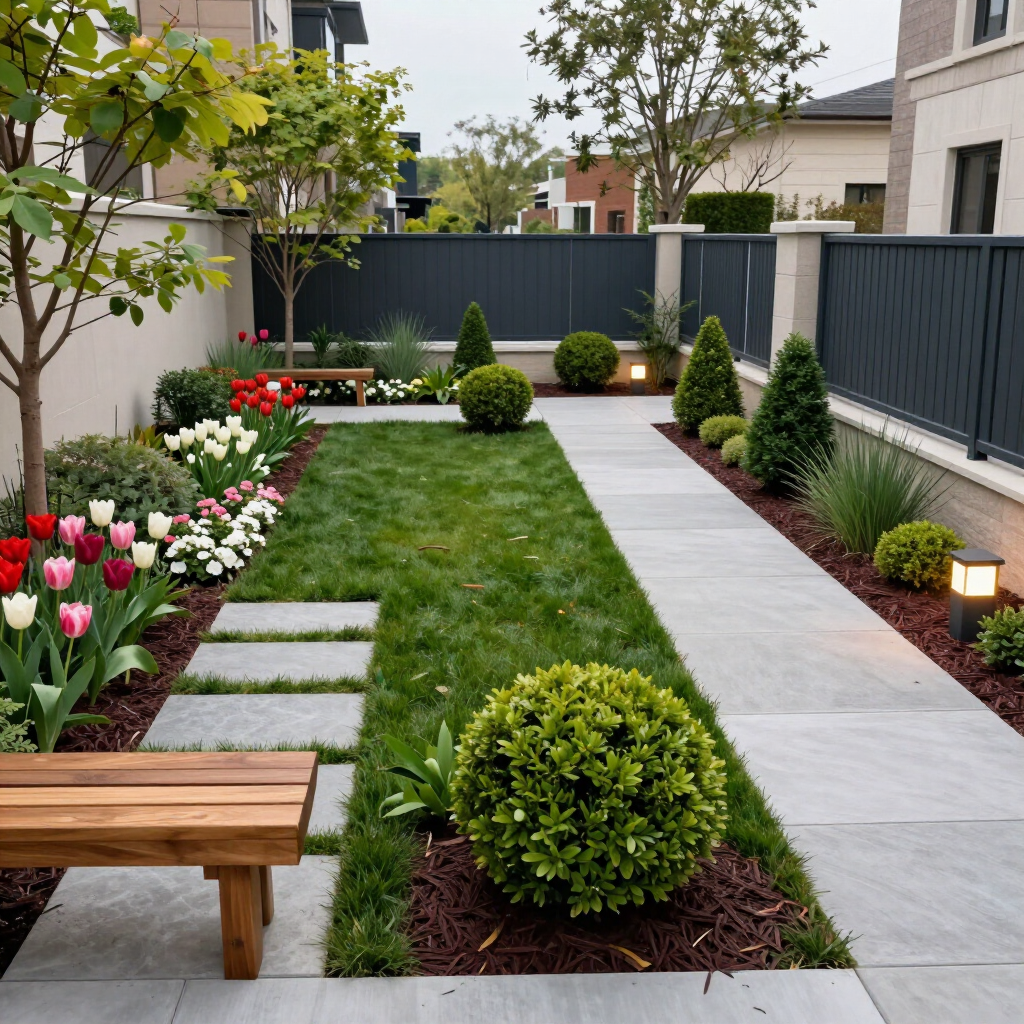 Modern landscaped backyard with lawn, flower beds, stone path, and patio bench