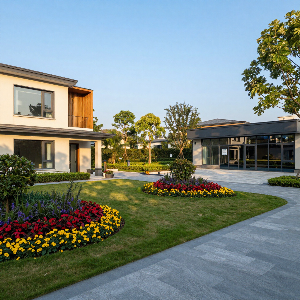 Modern house and pavilion with landscaped garden, colorful flower beds, and winding stone path at sunset