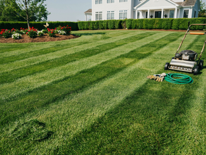 Striped lawn being mowed in front of a white house with flower beds and a hedge