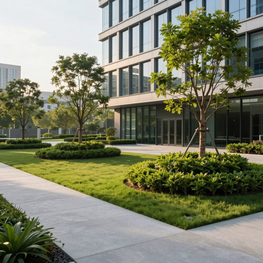 Modern office building with landscaped lawn, trees, and a sidewalk in sunlight