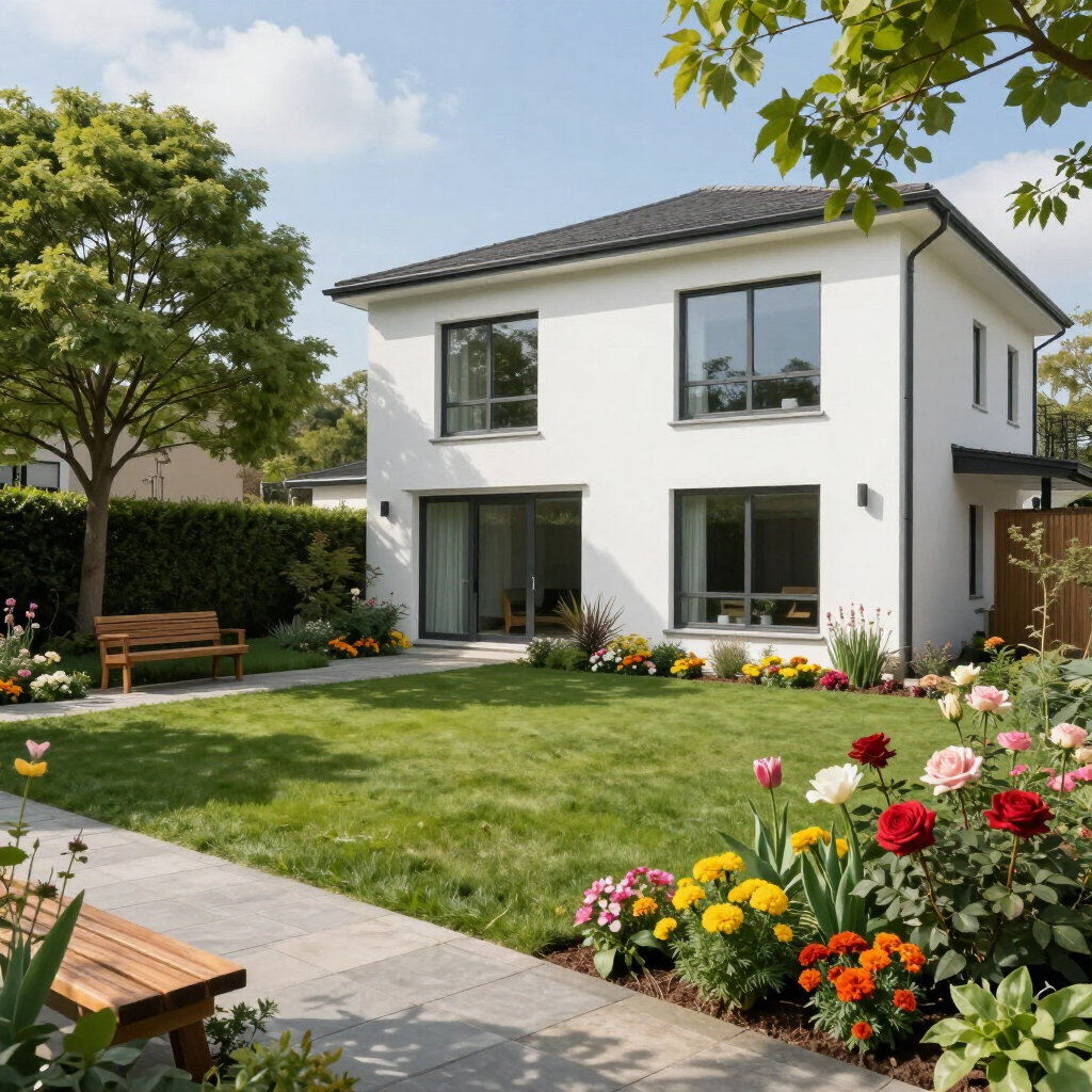 Modern two-story white house with a green lawn, flower beds, and patio seating in a sunny garden