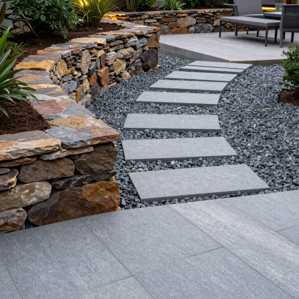 Modern stone patio with a winding stepping-stone path, stacked rock retaining walls, and outdoor seating area