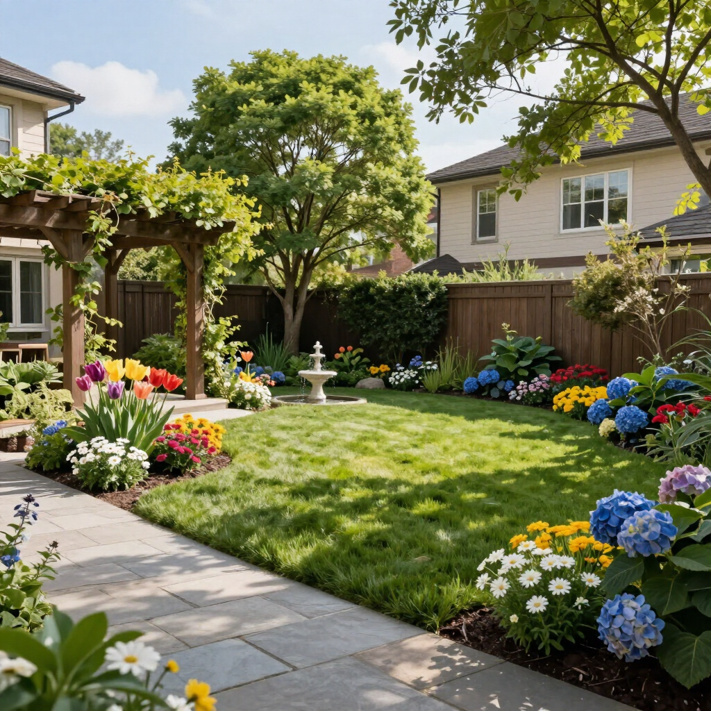 Sunny backyard garden with lush lawn, colorful flowers, stone patio, and wooden fence around a house