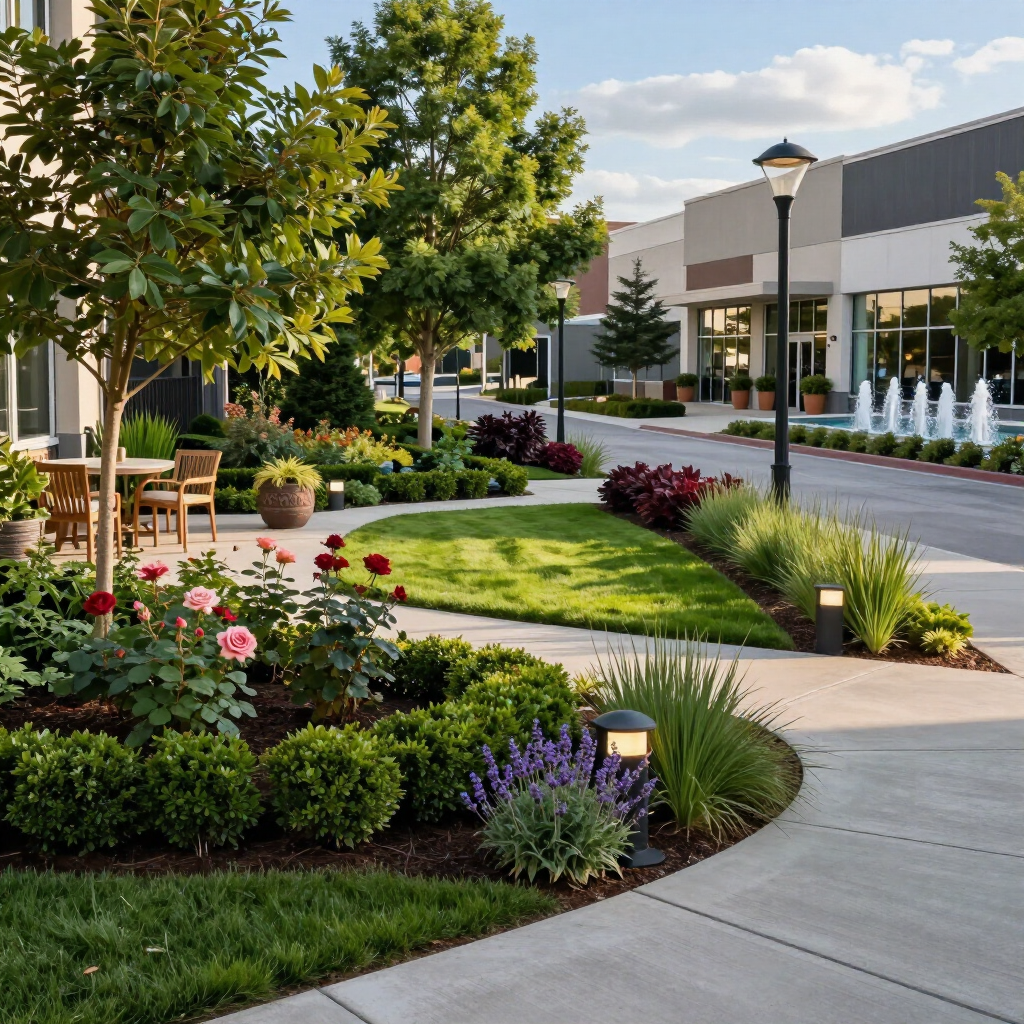 Landscaped shopping center walkway with flowers, trees, benches, and lamp posts