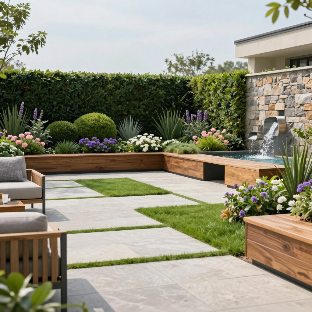 Modern landscaped patio with stone pavers, wooden planters, lush greenery, and a hedge border