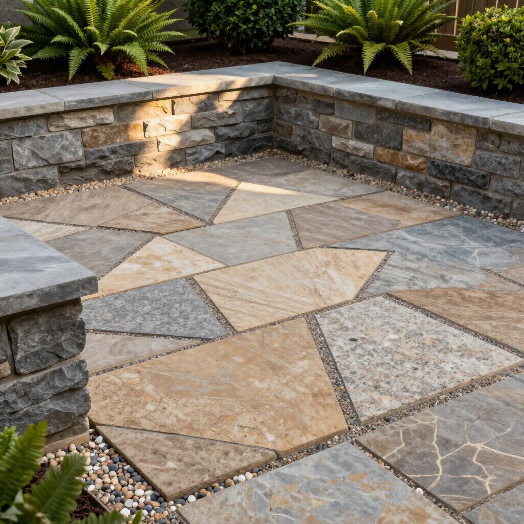 Stone patio with geometric pavers, built-in bench, and surrounding green shrubs.