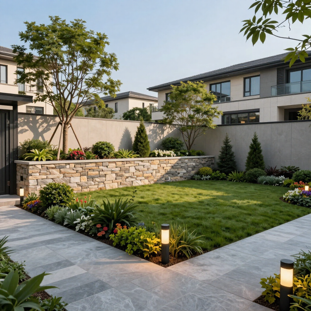Modern landscaped courtyard with grass, stone retaining wall, trees, and pathway lights beside homes