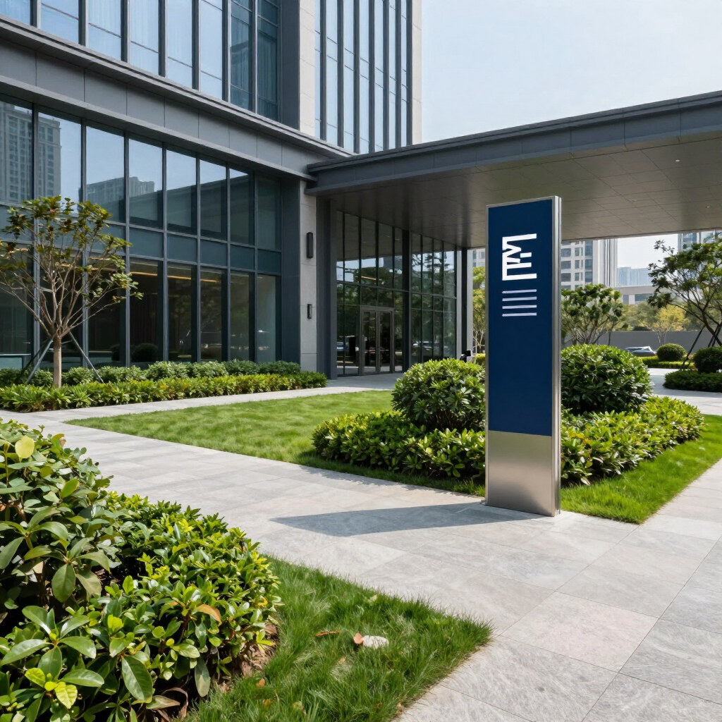 Modern office building entrance with glass фасade, landscaped greenery, and a blue sign in the courtyard
