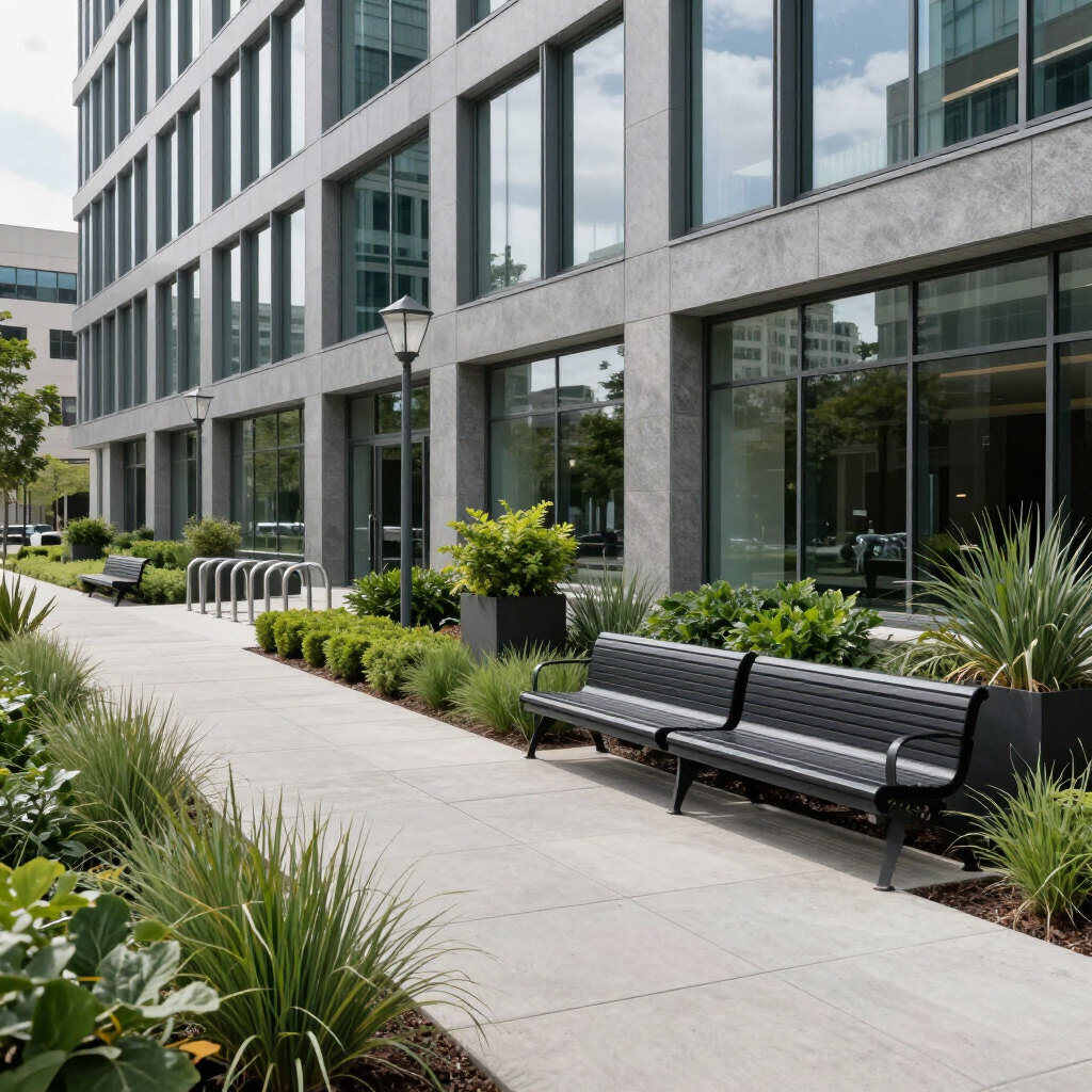 Modern office building exterior with glass windows, sidewalk planters, and benches along the entrance walkway