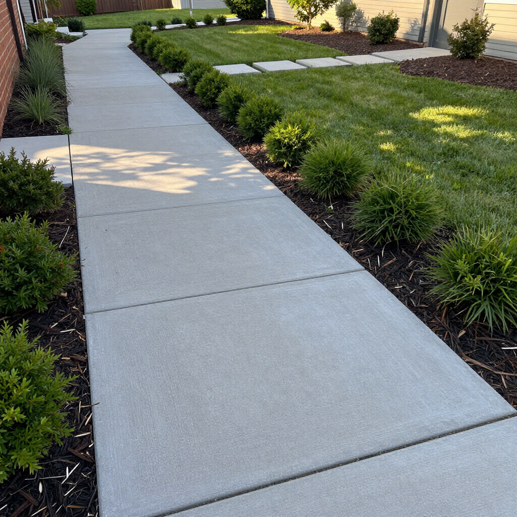 Concrete sidewalk beside a landscaped garden with green shrubs and lawn
