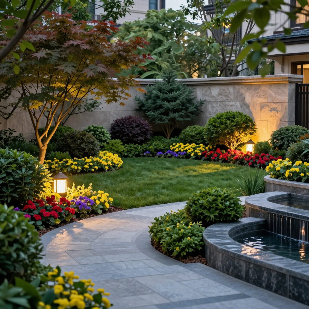 Curved garden path beside a lit fountain, with colorful flowers, shrubs, and a small tree at dusk